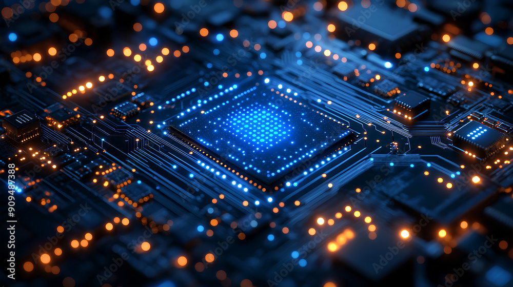 Obraz premium Abstract digital network circuit board background banner with glowing light and connecting data dots in blue and black colors. Big data technology concept