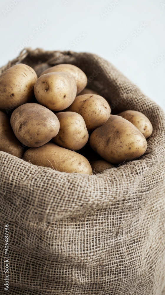 Sack of fresh potatoes on burlap, isolated on white background. Organic farming and harvest concept Sack of fresh potatoes on burlap, isolated on white background. Organic farming and harvest concept