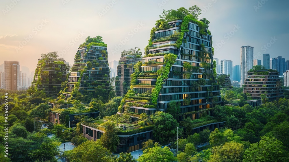 Obraz premium Advanced waste management systems in a green urban landscape, futuristic ecofriendly city