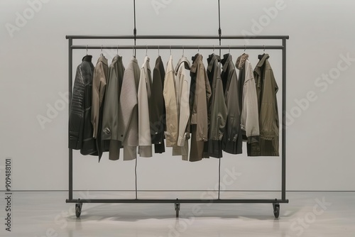 Wallpaper Mural minimalist retail display sleek metal clothing rack with carefully curated garments in muted tones emphasizing simplicity and contemporary fashion design Torontodigital.ca