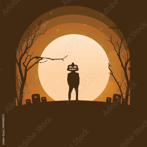 Vector illustration of a man named Putra Ndolu wearing a Halloween costume in the moonlight. Flat vector Illustration