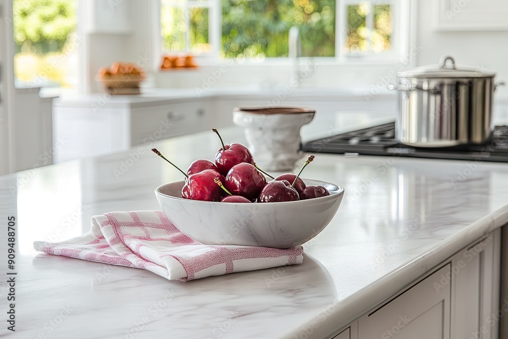 A white marble kitchen countertop with empty space for product display, a napkin, a plum bowl, and a ceramic container in a modern white kitchen A white marble kitchen countertop with empty space for product display, a napkin, a plum bowl, and a ceramic container in a modern white kitchen