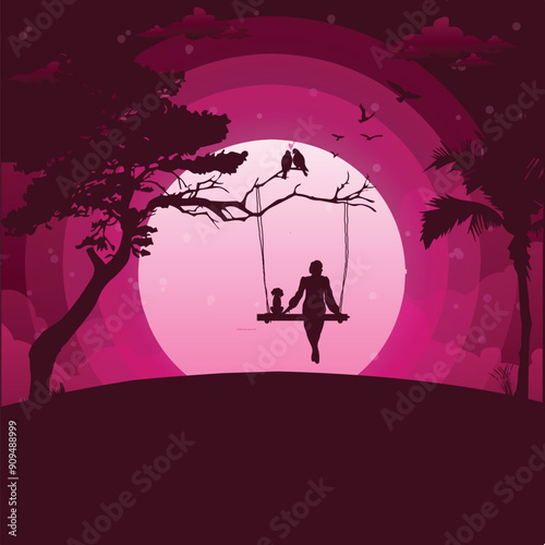 Vector illustration A girl is sitting on a swing accompanied by her pet dog in the moonlight. Flat vector illustration