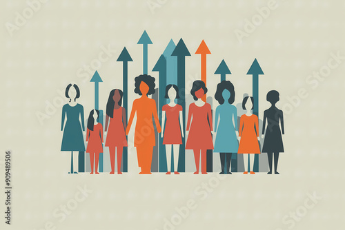 Stylized graphic illustration of diverse women standing together with upward arrows rising above them, symbolizing female empowerment, progress, and solidarity.