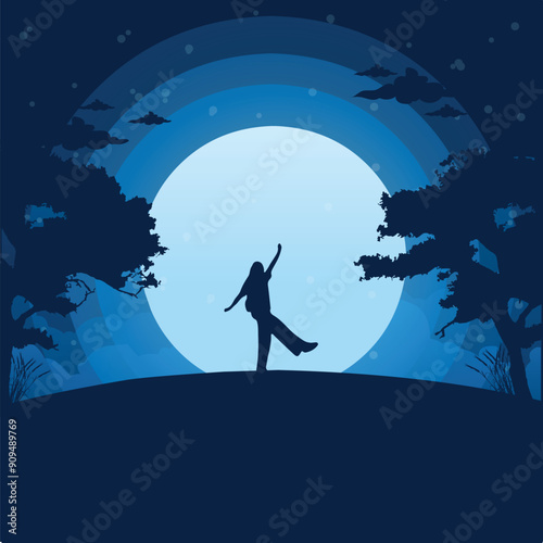 vector illustration of a woman who is happy under the moonlight. flat vector illustration