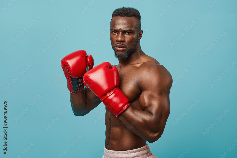 Muscle boxer man with red leather boxing gloves portrait isolated on pastel blue background. Muscle boxer man with red leather boxing gloves portrait isolated on pastel blue background.