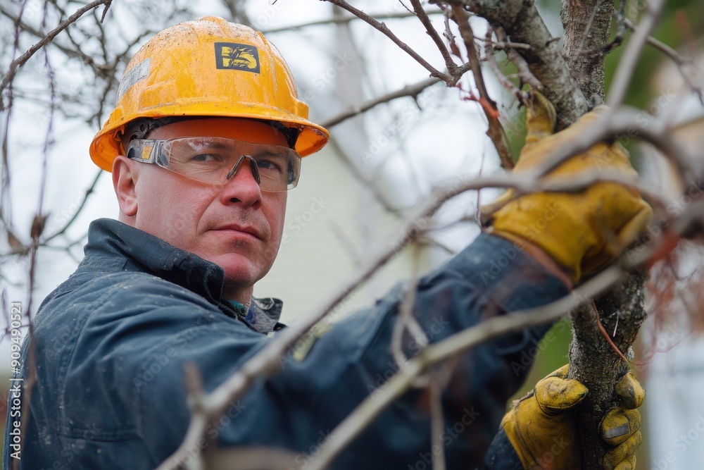 Arborist Pruning Tree Branches in Safety Gear Arborist Pruning Tree Branches in Safety Gear