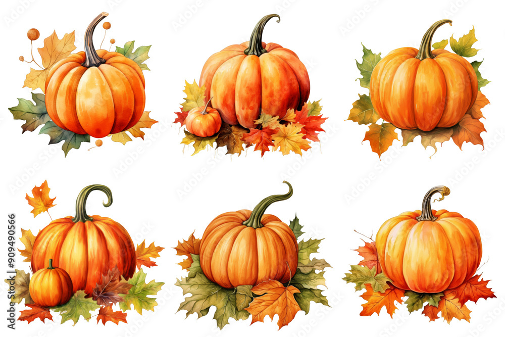 Six Pumpkins Surrounded by Fall Leaves Six Pumpkins Surrounded by Fall Leaves