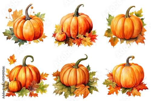 Six Pumpkins Surrounded by Fall Leaves