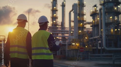 Engineers in Uniform Checking Oil Refinery Field with Tablet in Morning - Inspection, Industry, Teamwork, and Safety