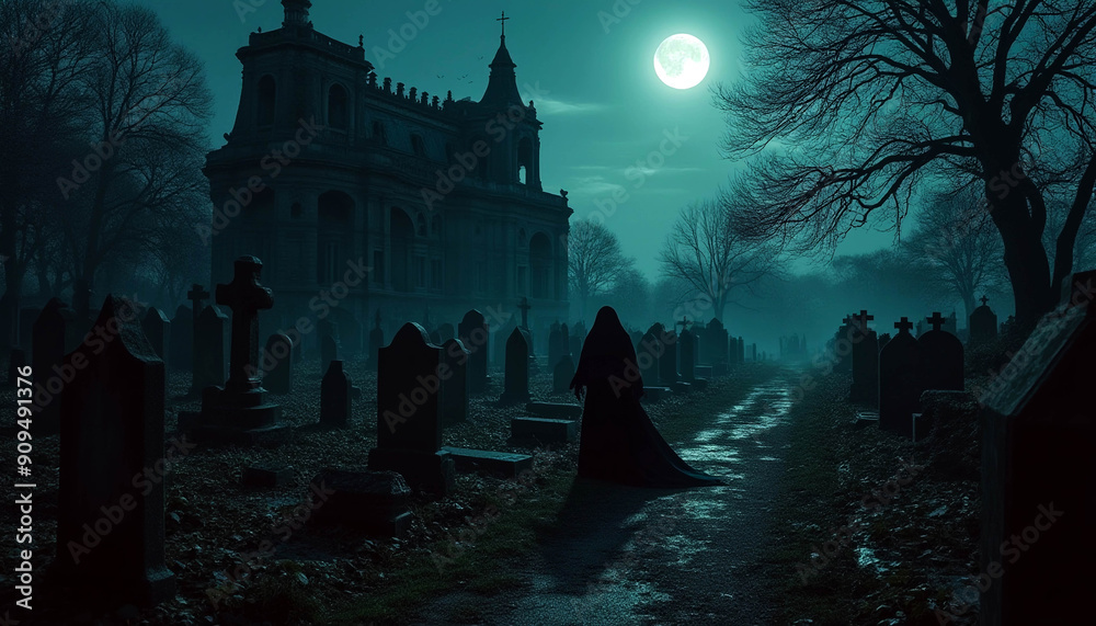 a ghost walking through the cemetery. Halloween a ghost walking through the cemetery. Halloween