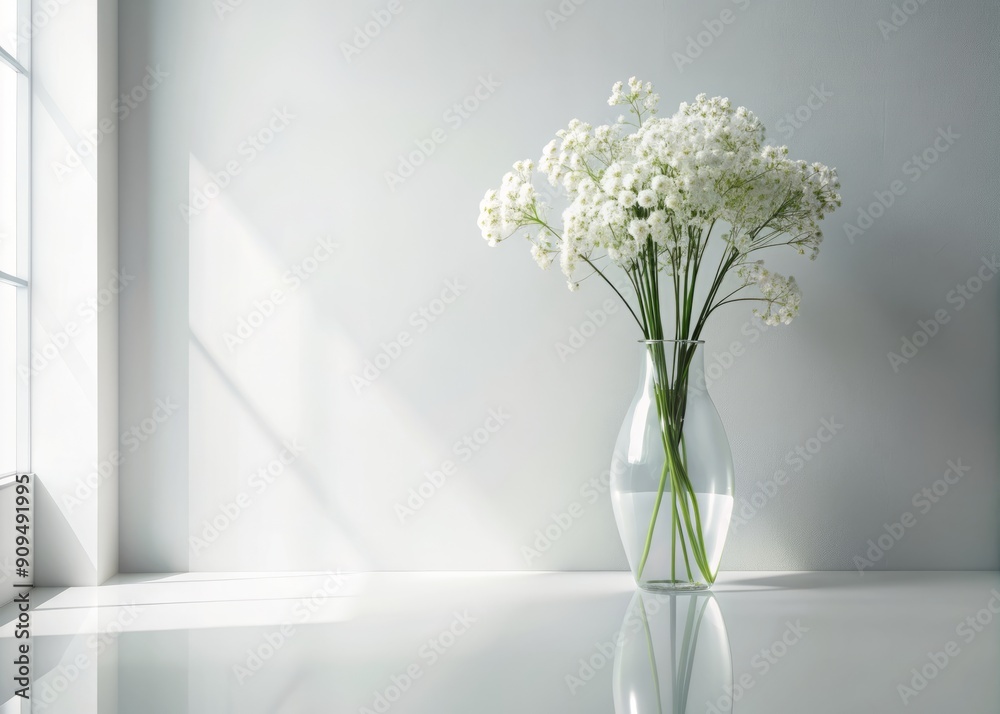 Sleek modern interior featuring a stunning vase filled with white flowers against a pristine white backdrop, evoking a sense of minimalist elegance and sophisticated home decor. Sleek modern interior featuring a stunning vase filled with white flowers against a pristine white backdrop, evoking a sense of minimalist elegance and sophisticated home decor.