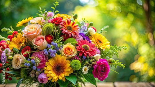 Fototapeta Naklejka Na Ścianę i Meble -  Beautiful decorative bouquet with a variety of colorful flowers and greenery, bouquet, decorative, flowers, arrangement