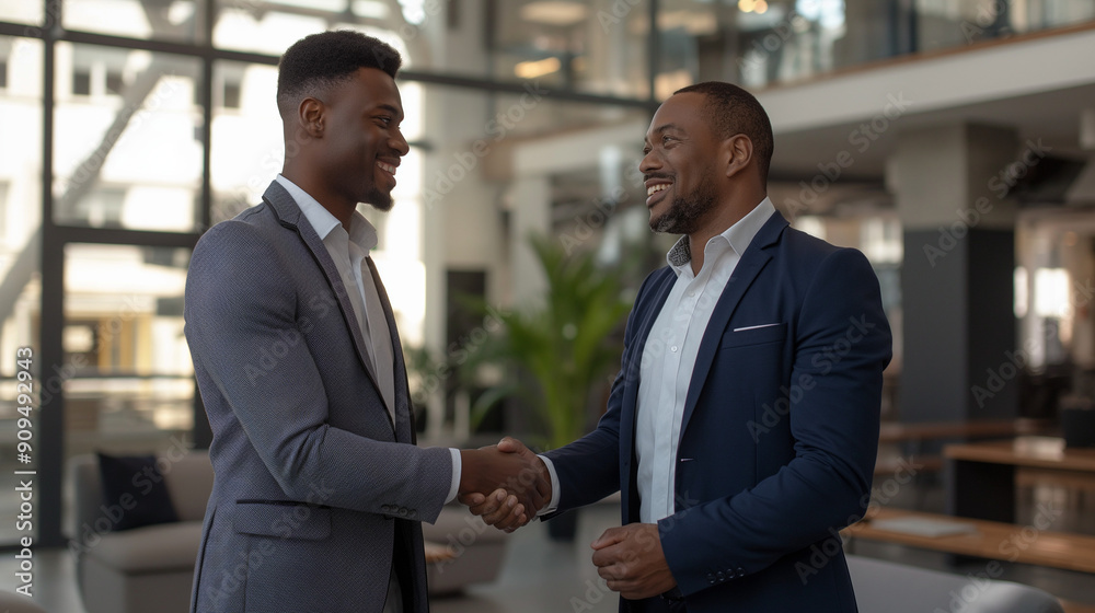 African American businessman shaking hands with partner. Two black businessmen shaking hands. African American businessman shaking hands with partner. Two black businessmen shaking hands.