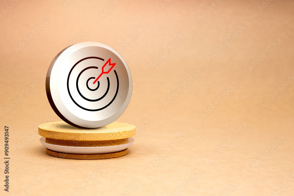 Big modern 3d target icon, red arrow hit dartboard on round wooden blocks isolated on brown recycled paper background with copy space. Business target, success goal, challenge and opportunity concept. Big modern 3d target icon, red arrow hit dartboard on round wooden blocks isolated on brown recycled paper background with copy space. Business target, success goal, challenge and opportunity concept.