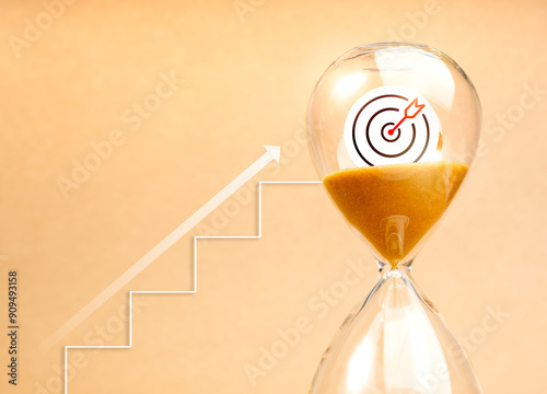 Short-term business goals encompass work that helps an organization reach its mid-term goals, steps to success concept. Arrow rise on stairway up to big target icon in hourglass on yellow background.