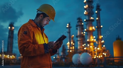 Silhouette of gas production manager overseeing natural gas supply using digital tablet in refinery, lamp on during sunset, LPG tanks in the background.