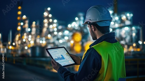 Silhouette of gas production manager overseeing natural gas supply using digital tablet in refinery, lamp on during sunset, LPG tanks in the background.