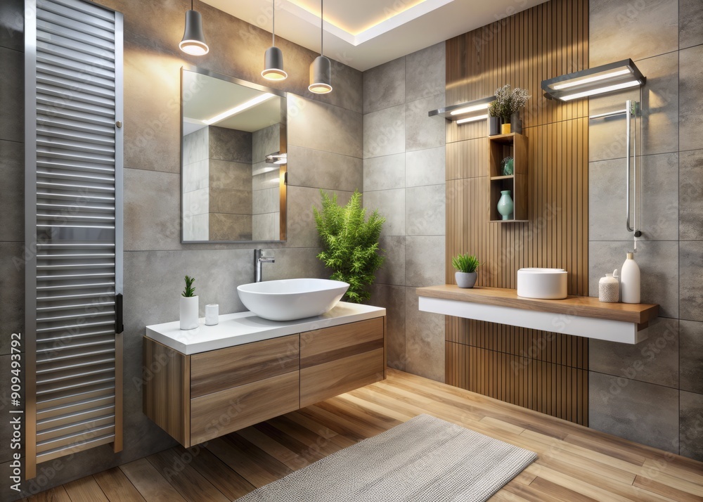 Contemporary bathroom features sleek mirror and basin sink alongside a state-of-the-art water heater, showcasing a harmonious blend of form and function in modern hygiene. Contemporary bathroom features sleek mirror and basin sink alongside a state-of-the-art water heater, showcasing a harmonious blend of form and function in modern hygiene.