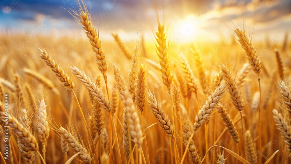 Golden dry wheat spikelets in a lush sun-kissed field, isolated on a pure white background, showcasing nature's warm hues and rustic beauty in autumn.