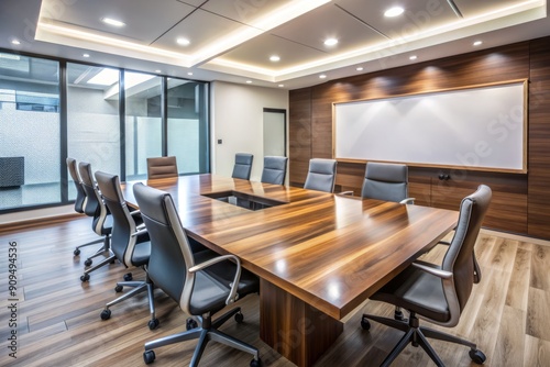 Empty modern office boardroom with polished wooden table and ergonomic chairs, surrounded by whiteboards and screens, setup for collaborative business planning and brainstorming sessions.