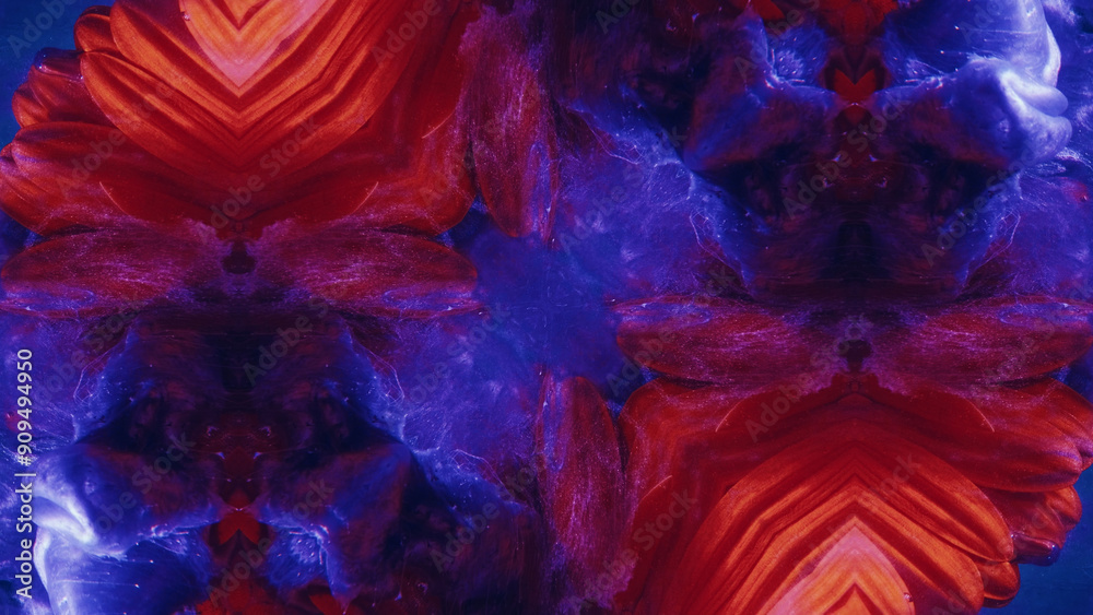 Φωτογραφία Fantasy kaleidoscope art dynamic paint floral petal shapes in red blue colors illustration abstract background
