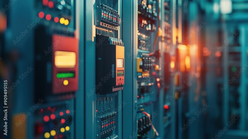 Main circuit breaker on the distribution board at the central electrical control cabinet and many high-resolution electrical control panels Main circuit breaker on the distribution board at the central electrical control cabinet and many high-resolution electrical control panels