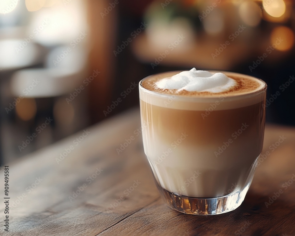 A detailed shot of a perfectly brewed cappuccino with a frothy top, placed on a rustic wooden table with a relaxing cafe background A detailed shot of a perfectly brewed cappuccino with a frothy top, placed on a rustic wooden table with a relaxing cafe background