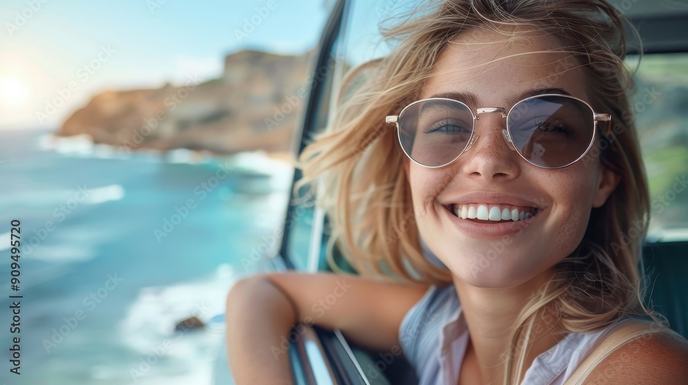 Smiling Woman Enjoying Scenic Coastal Drive with Ocean View and Wind in Hair on a Sunny Day Smiling Woman Enjoying Scenic Coastal Drive with Ocean View and Wind in Hair on a Sunny Day