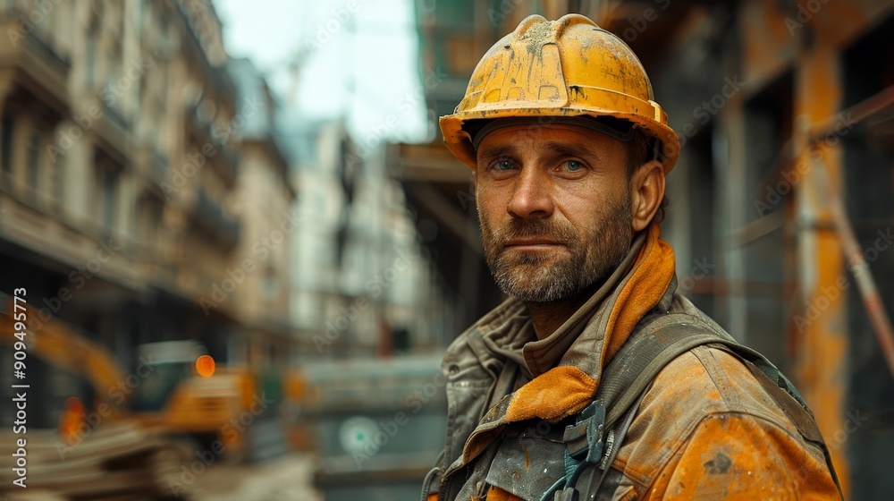 A construction worker wearing safety gear on a building site A construction worker wearing safety gear on a building site