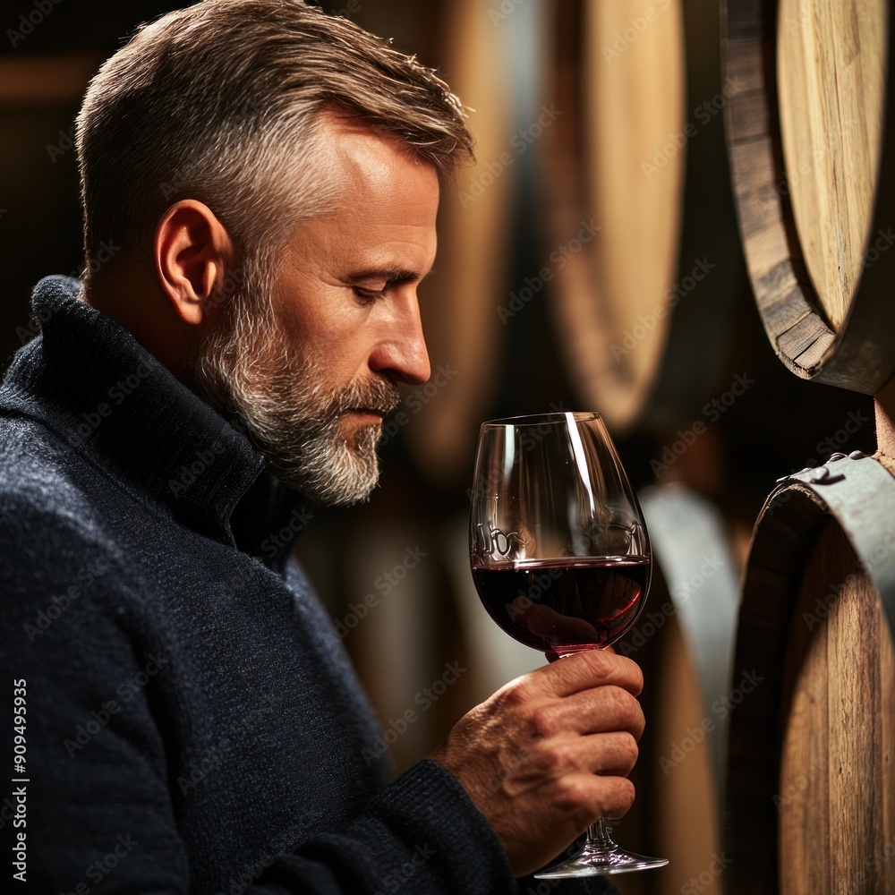 Professional man tasting and smelling red wine with wooden barrels in traditional wine cellar and winery as background. Professional man tasting and smelling red wine with wooden barrels in traditional wine cellar and winery as background.