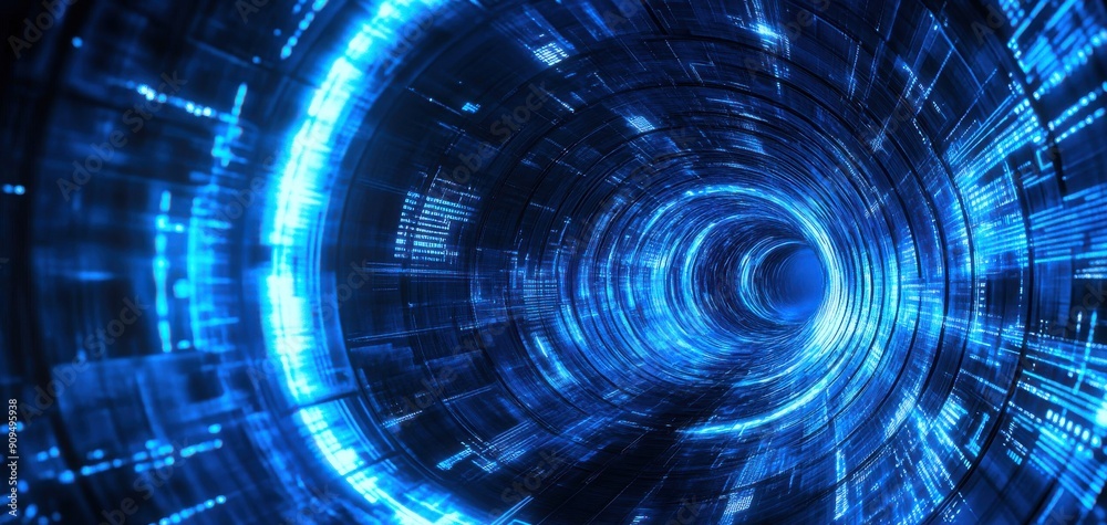 Abstract 3D technology tunnel with glowing blue lines and geometric shapes, isolated with copy space Abstract 3D technology tunnel with glowing blue lines and geometric shapes, isolated with copy space