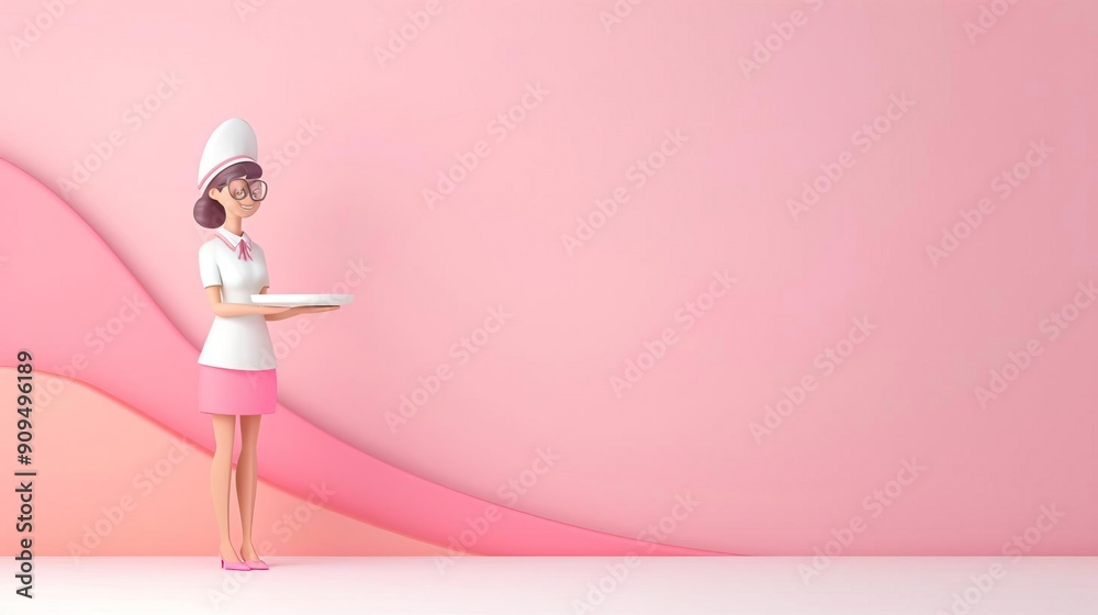 A 3D clipart of a flight attendant holding a tray, standing on the right side of the image, with a randomly colored background. A 3D clipart of a flight attendant holding a tray, standing on the right side of the image, with a randomly colored background.