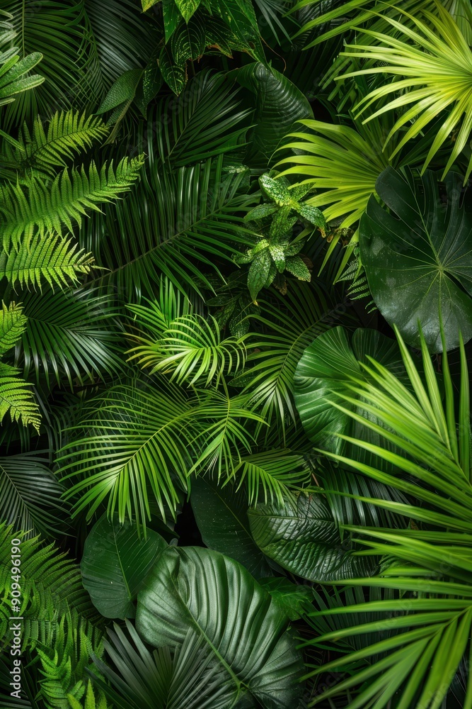Lush Green Tropical Foliage Background with Various Leaf Shapes and Textures in a Dense Jungle Setting Lush Green Tropical Foliage Background with Various Leaf Shapes and Textures in a Dense Jungle Setting