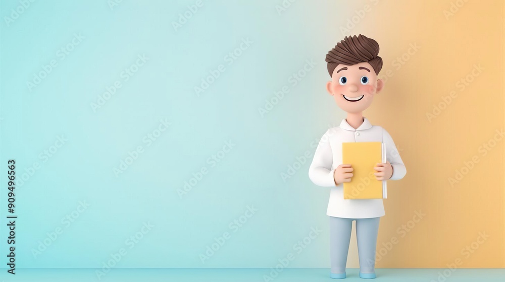 A 3D clipart of a reporter holding a notebook, standing on the right side of the image, with a randomly colored background. A 3D clipart of a reporter holding a notebook, standing on the right side of the image, with a randomly colored background.