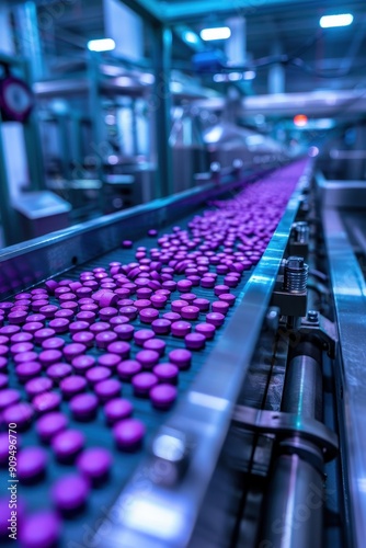 Automated Pharmaceutical Production Line with Purple Pills on Conveyor Belt in Modern Factory