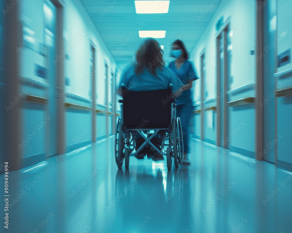 Blurry shot of a patient in a wheelchair being pushed by a nurse down a hospital hallway, emphasizing care and support