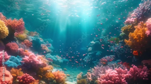 Enchanting Underwater Scene with Vibrant Coral Reefs and Colorful Fish in Sunlit Waters