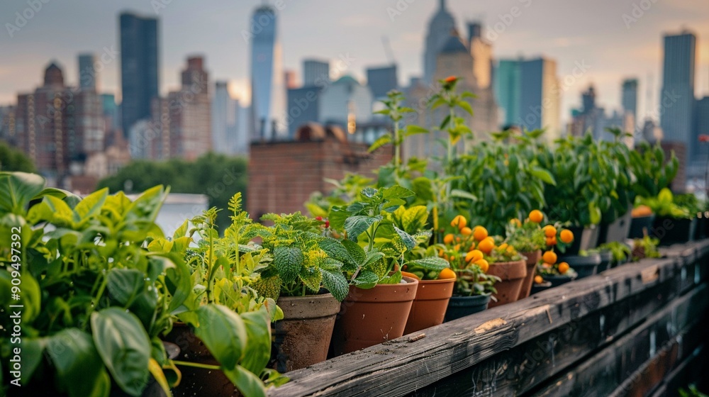 Urban rooftop gardening, fresh herbs and veggies with city skyline Urban rooftop gardening, fresh herbs and veggies with city skyline