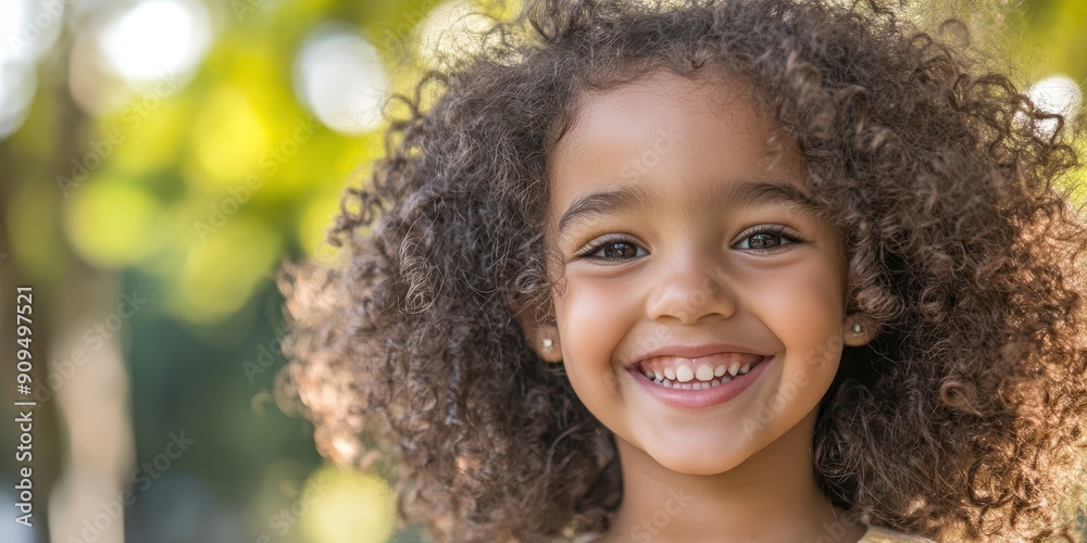 Close-up of a delighted young girl with curly hair and a big smile, gazing at the camera, with a blurred park setting Close-up of a delighted young girl with curly hair and a big smile, gazing at the camera, with a blurred park setting