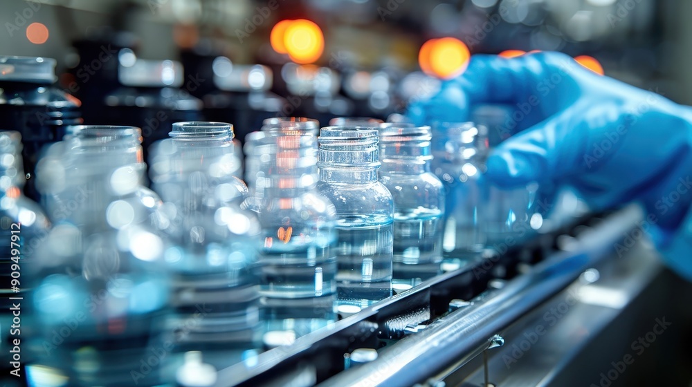 Close-up of Gloved Hand Handling Glass Bottles on a Production Line in a Modern Pharmaceutical Manufacturing Facility Close-up of Gloved Hand Handling Glass Bottles on a Production Line in a Modern Pharmaceutical Manufacturing Facility