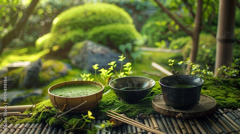Traditional Japanese tea garden, serene matcha preparation Traditional Japanese tea garden, serene matcha preparation