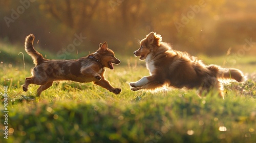 A dog and cat chasing each other playfully across a grassy field photo