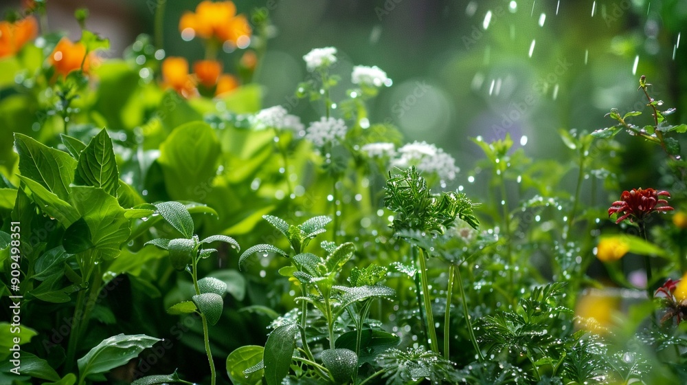 Obraz premium Fresh herb garden, culinary varieties, morning dew