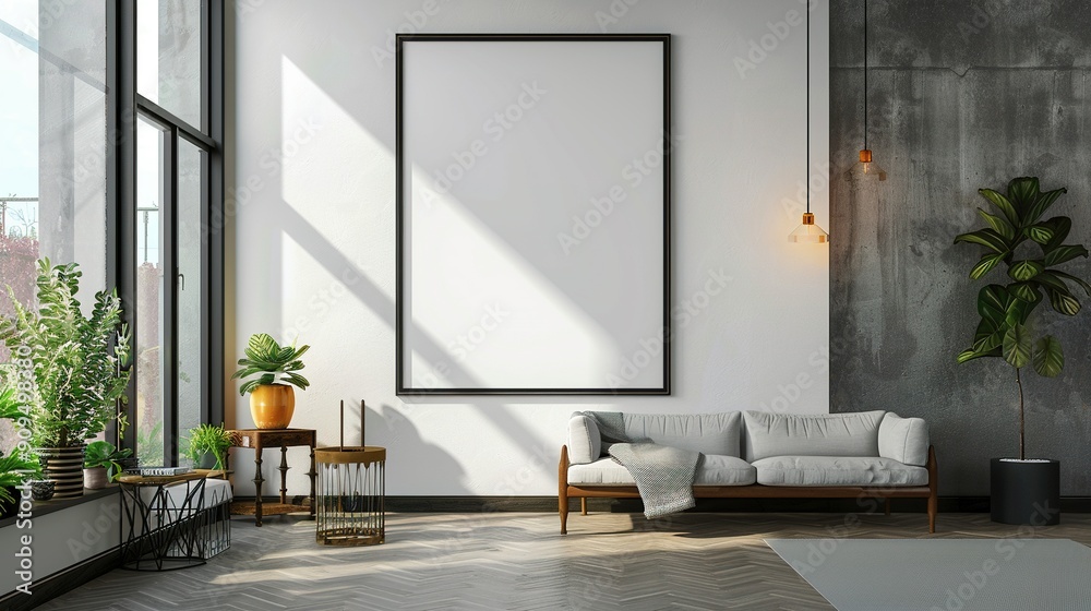 Modern Living Room with Large Blank Canvas and Grey Couch Modern Living Room with Large Blank Canvas and Grey Couch