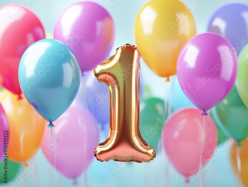 Colorful balloons surrounding a large number 