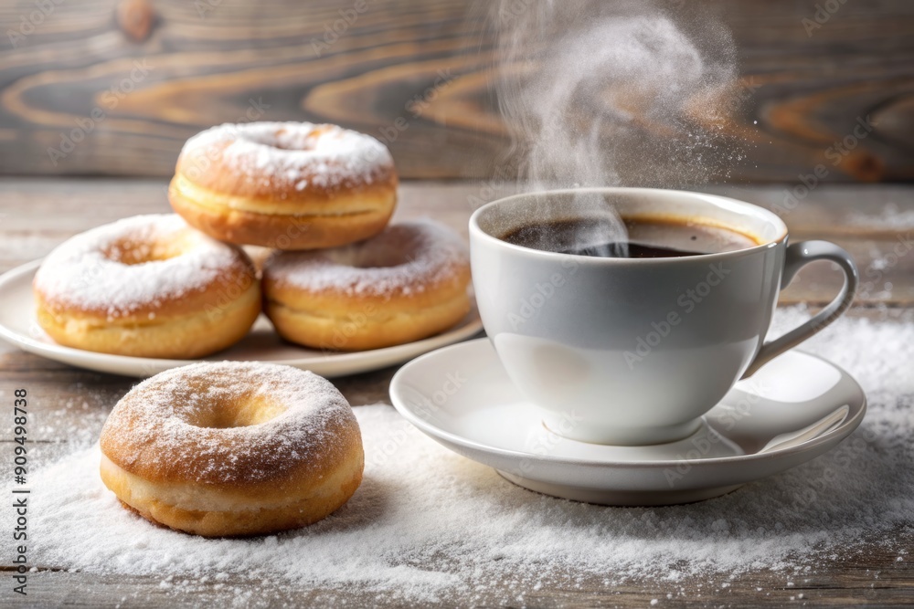 Freshly baked powdered sugar donuts and a steaming cup of coffee on a crisp white background, expertly lit to showcase tempting textures and colors. Freshly baked powdered sugar donuts and a steaming cup of coffee on a crisp white background, expertly lit to showcase tempting textures and colors.