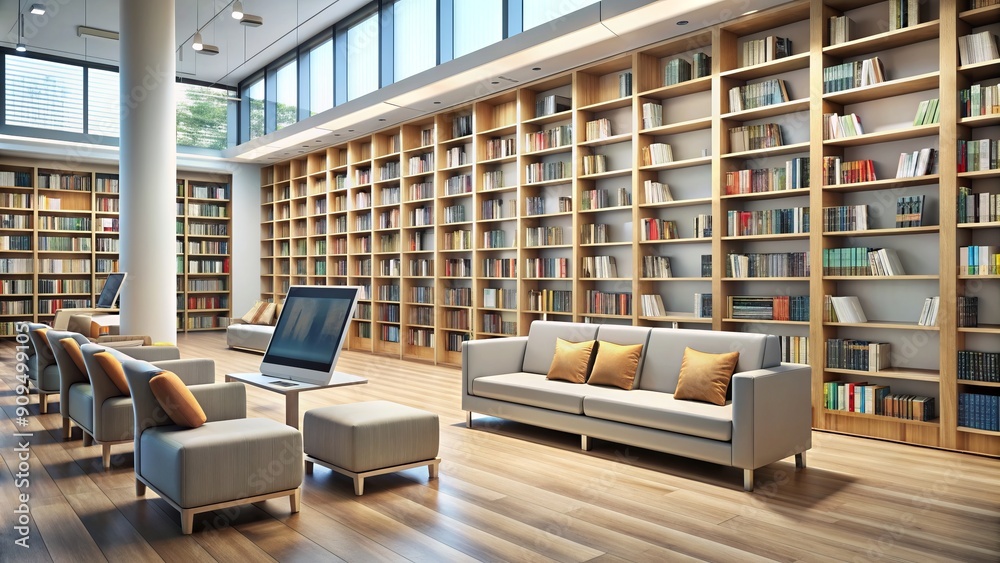 custom made wallpaper toronto digitalModern library interior featuring sleek e-reader docking stations and a large digital catalog display screen amidst rows of shelves with books and comfortable seating.
