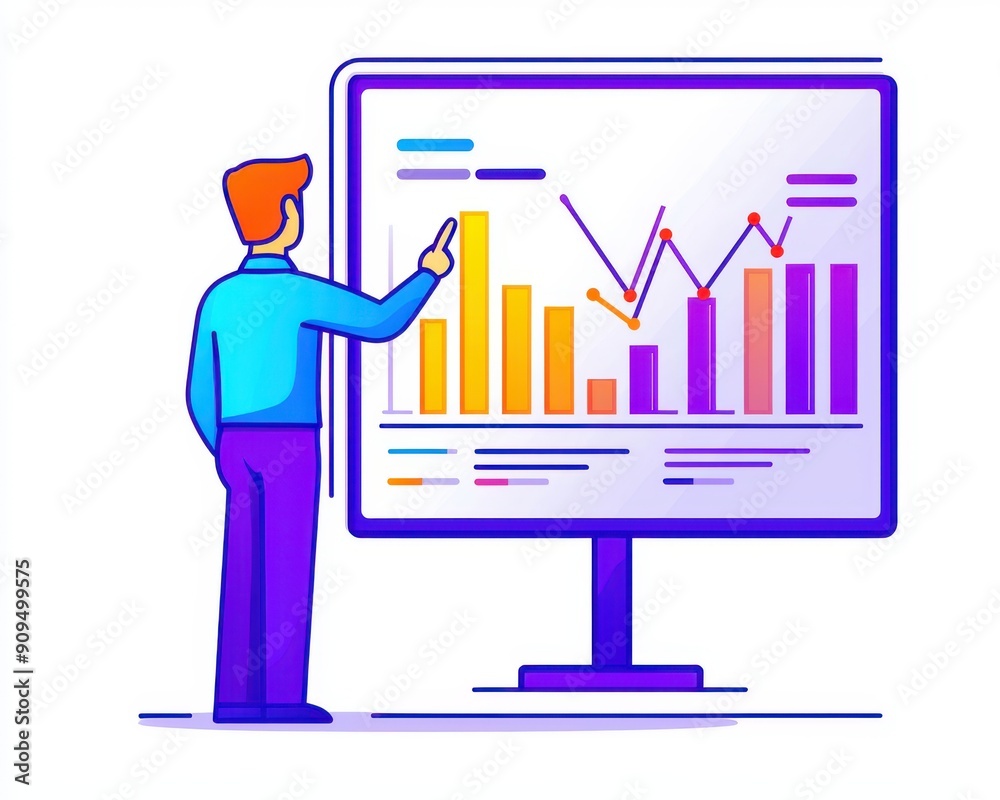 Colorful line art illustration of a business team brainstorming around a table, with flowcharts and graphs in the background Colorful line art illustration of a business team brainstorming around a table, with flowcharts and graphs in the background