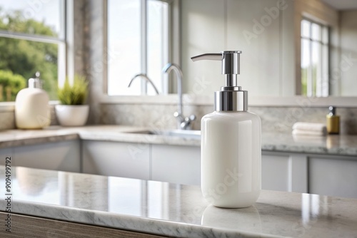 Modern bathroom interior showcases a sleek white empty liquid dispenser bottle for soap, lotion, shampoo, or shower gel, isolated on a clean countertop surface.